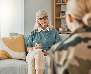 Image showing Therapy, support consultation and psychologist talking to a patient about mental health in an office. Senior therapist speaking to a client about a solution to depression or anxiety at a clinic
