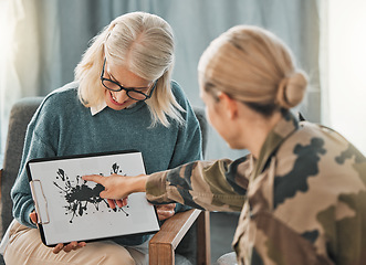 Image showing Psychologist, military soldier or Rorschach test on clipboard documents for war trauma, ptsd or anxiety. Inkblot for army woman mental health, depression or burnout counseling with abstract art paper