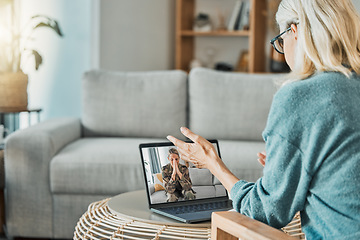 Image showing Military woman in video call with psychologist for mental health problem, anxiety and trauma with laptop screen virtual technology. Soldier or veteran consulting with psychology therapy in zoom call