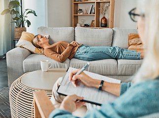 Image showing Relax, psychology and therapist with woman patient struggling with depression resting on sofa. Professional psychologist analysis notes for consultation to help emotional mental health client.