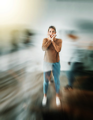 Image showing Woman, anxiety and mental health in motion blur for stress, insane or schizophrenia. Girl, scared and fear in eyes with depression, paranoid or need help in psychology in home or work in Dallas