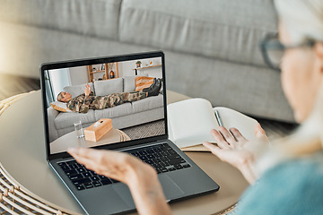 Image showing Online consultation, laptop and military woman for therapy with virtual psychologist or therapist talking mental health, trauma or anxiety. Psychology worker with soldier or veteran on a video call