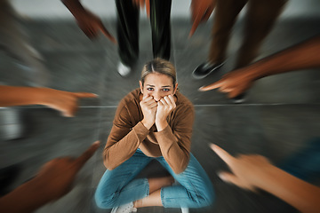 Image showing Fear, bullying and hands pointing at girl scared, sad and crying for help from stress, depression and group circle. Judge, anxiety and woman suffering from crowd blame, trauma or emotional pain