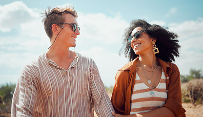 Image showing Couple together, nature and travel outdoor desert adventure lifestyle. Smile, happy excited woman and cultural diversity friendship or bonding on remote social wellness safari road trip vacation