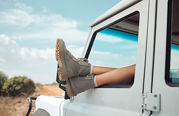 Image showing Travel, roadtrip and feet out window of a car, mockup for adventure, freedom and nature trip. Summer, travelling and young woman with shoes out of car window on vacation, explore and natural holiday