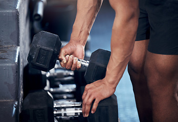 Image showing Closeup of man, workout and hands weightlifting with dumbbell in gym for health, fitness and muscle development. Strong, bodybuilder and exercise for sports, wellness and motivation in training club