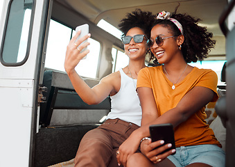 Image showing Selfie, road trip and friends live streaming on social media with phone during travel holiday in a van in Jamaica. African women with photo on mobile on vacation in car for camping in summer together