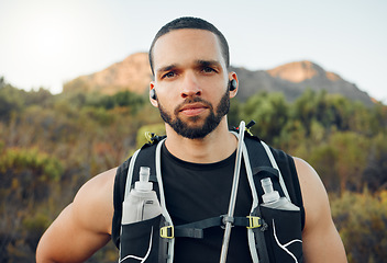 Image showing Man, fitness and hiking in mountains, nature environment and Colorado countryside landscape in summer. Portrait, hiker and athlete in fitness workout, wellness training and health exercise motivation