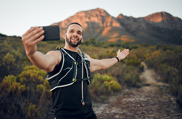 Image showing Selfie, athlete and man with smartphone in nature on trail smile, happy and healthy doing exercise and workout. Fitness influencer, health or wellness outdoor calm, peaceful or while training outdoor