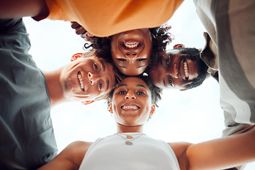 Image showing Friends, group and happy with head touch together below on road trip, travel and vacation. Diversity, comic and funny in circle on holiday in summer for women, man and couple in fun, bonding and love