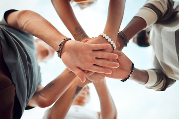 Image showing Support, community and teamwork with hands of friends from bottom for goals, vision or networking together. Motivation, collaboration and growth with circle of people for mindset, mission or contact