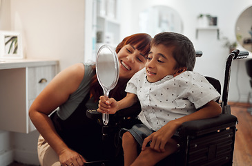 Image showing Woman, child disability and mirror in salon for self love happy with service after barber, hairdresser or stylist cuts hair. Disabled, cerebral palsy and handicap or special needs boy in wheelchair.