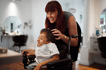 Image showing Woman, salon and smile with disability child in wheelchair for haircut. Happy, boy and girl hairdresser for cleaning, cut and styling cerebral palsy kid hair at professional barber store in New York