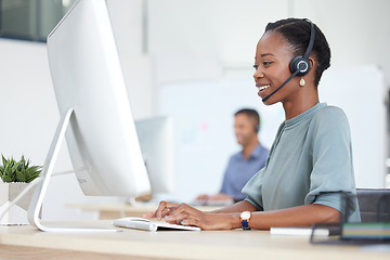 Image showing Call center black woman, contact us or CRM consultant with smile for help, telemarketing or consulting customer. Customer service, support or girl working or consultation employee working in office