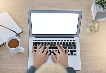 Image showing Hands, woman and typing on laptop top view at table for professional business email communication. Corporate career girl working on internet device at minimalist desk in office with screen mockup.