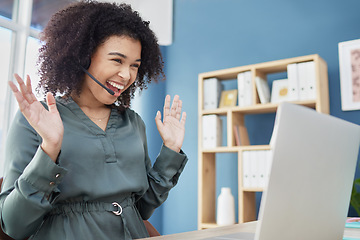 Image showing Winner, black woman and call center success excited, smile and happy with laptop in webinar or video call. Employee, work from home and in online meeting or help customer or celebrate project outcome