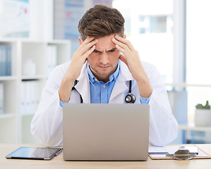 Image showing Stress, anxiety or burnout for doctor with laptop working on medicine, medical or healthcare research. Headache, head pain or migraine for hospital employee, worker or career man with digital tech