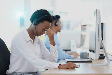 Image showing Headache, stress and burnout call centre woman consultant, telemarketing agent and customer support staff in office. Frustrated, sick and problem consulting worker in pain, mistake and desktop glitch