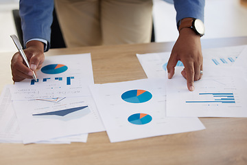Image showing Businessman hands, paperwork graphs and planning annual report, data analyst research and office budget. Closeup chart documents, strategy and analytics progress, financial economy and stats review
