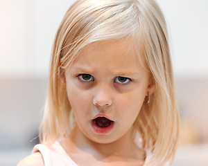 Image showing Angry, little girl and tantrum face portrait reaction to shock of rejection and disappointment. Unhappy, frustrated and moody female child with bad attitude and annoyed eyes closeup in Canada.