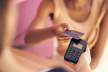 Image showing Credit card, retail customer and rfid payment at cashier, store service and point of sale machine. Worker hands process finance, money and shopping, cash register and fintech pos in coffee shop cafe