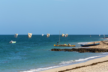 Image showing Fishermen using sailboats to fish off the coast of Anakao in Madagascar