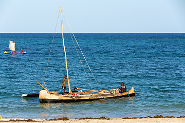 Image showing Fishermen using sailboats to fish off the coast of Anakao in Madagascar