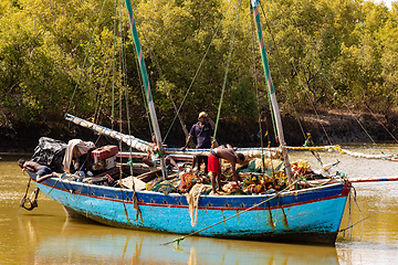 Image showing Two men repair a fishing net on a blue boat moored to the riverbank in Morondava Madagascar