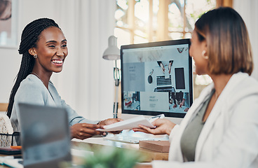 Image showing Women, business and document at with paper at desk for plan, design and research in startup office. Woman, manager and report coworking at web design company with paperwork, strategy or planning