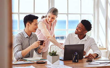 Image showing Teamwork, laptop and meeting with a female leader, manager or boss and team in a boardroom. Computer, collaboration and workshop with a business woman and employee group working on startup strategy