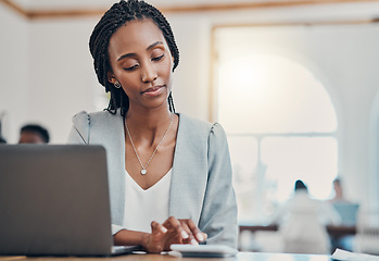 Image showing Financial advisor, corporate accountant and african woman in office. Budget planning, online bookkeeping report and 5g internet technology banking, professional loan and investment consultant