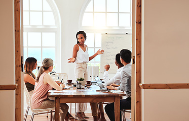 Image showing Presentation, strategy and planning with business people in meeting with manager for conference, collaboration and project management. Leadership, training and marketing with employees for goals idea