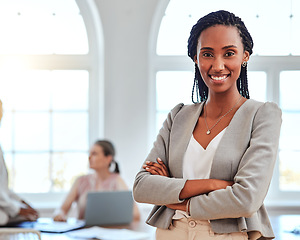 Image showing Black woman, entrepreneur and leader stand in office happy, proud or confident in business, project and with cross arms. Portrait, African American female or smile empowerment in successful workspace