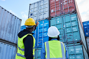 Image showing Logistics, shipping and manager planning container export with employee in an export delivery industry. Industrial workers working with stock or cargo transport at a international and global trade