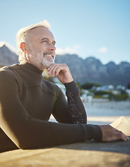 Image showing Surf, happy and surfboard mature man at beach for fitness and adventure on summer tropical Hawaii vacation. Sport person, retirement and healthy lifestyle motivation, surfing and water sport in sun.