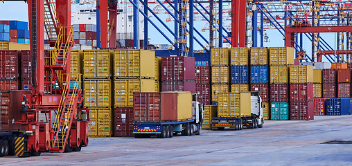 Image showing Global logistics, container port and cargo store at freight company for worldwide shipping, distribution and delivery. Truck, crane and containers, logistic transport for international trade business