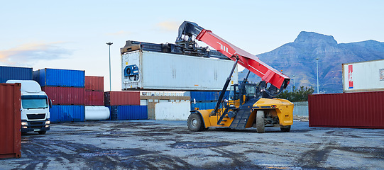 Image showing Forklift, shipping logistics and manufacturing container warehouse, cargo industry and industrial factory stock in South Africa. Supply chain production, freight crane and global export distribution