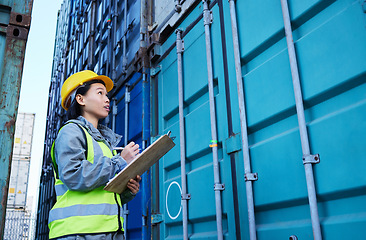 Image showing Storage shipping container, cargo worker and logistic woman employee with data. Construction and stock logistics asian manager planning, writing and working on export numbers and information