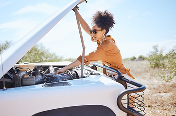 Image showing Black woman car engine problem on road trip or outdoor holiday travel journey in Africa. Girl driver stop traveling, vacation and accident emergency assistance try fix or repair motor transportation