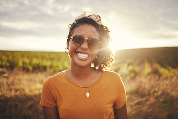 Image showing Happy, black woman and summer travel happiness of a person in nature. Portrait of a person from Texas with a smile feeling holiday freedom from traveling in the countryside on vacation break