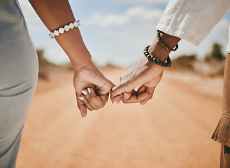 Image showing Couple walking, promise and hook fingers for support, trust and love in nature outdoors. Closeup man, woman and connect pinky hands in hope, respect and commitment link of save the date relationship