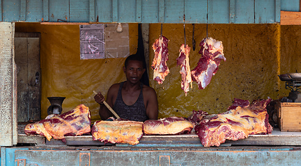 Image showing A hot day in Miandrivazo, Madagascar, with a street stall butcher shop open