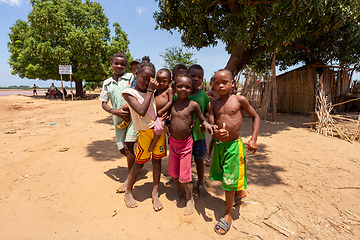 Image showing Curious group of children looking at a tourist near the river Mania. Port Bac Belo Sur Tsiribihina, Madagascar