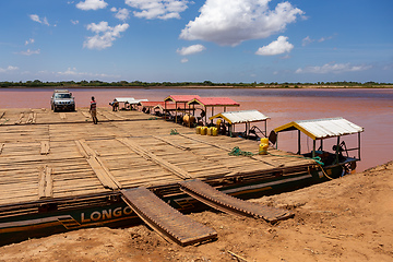 Image showing Ferry carrying passengers travels on the Tsiribihina River in Madagascar.