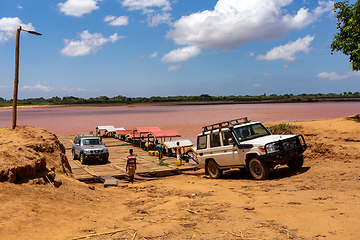 Image showing Ferry carrying passengers travels on the Tsiribihina River in Madagascar.