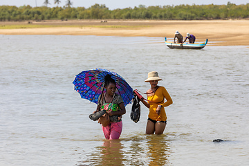 Image showing Women crosses a river, Morondava, Madagascar