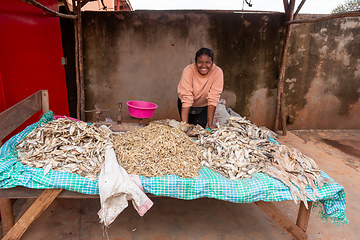 Image showing Malagasy woman buys dried fish at a street market. Fishing is one of the livelihoods in Madagascar.