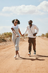 Image showing Black couple on road trip, happy people walking on vacation and Los Angeles festival travel. Summer holiday, trendy fashion lifestyle and love happiness on happy outdoor desert adventure together