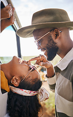 Image showing Love, happy and black couple nose touch for playful road trip bonding moment together in nature. Black woman and African man in romantic relationship enjoy travel adventure fun in South Africa.