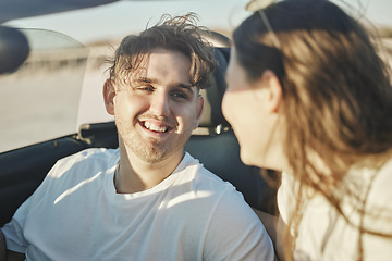 Image showing Road trip, travel and car with a couple on holiday or vacation for romance, dating and affection together. Vehicle, transport and date with a young man and real woman taking a trip during summer